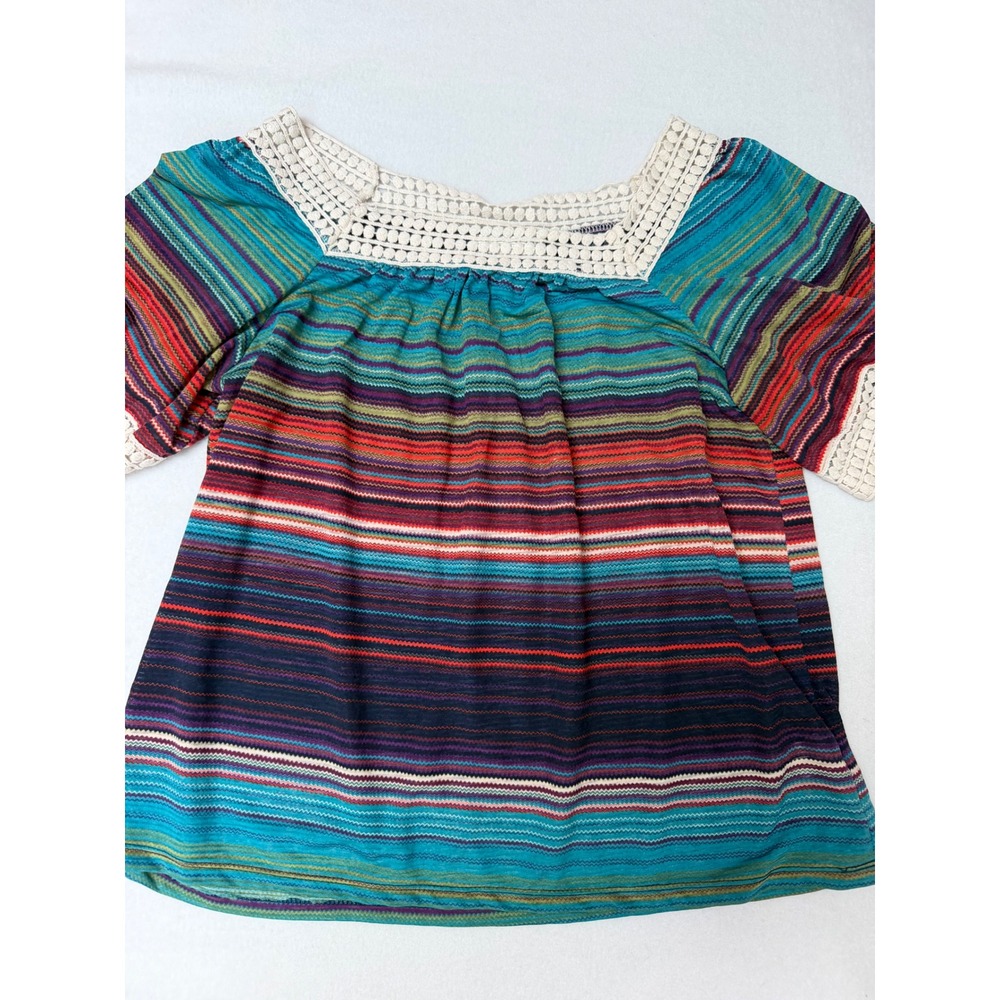 Studio Petite JPR Women Multi Color Chevron Stripe Crochet Lace Trim Top PM